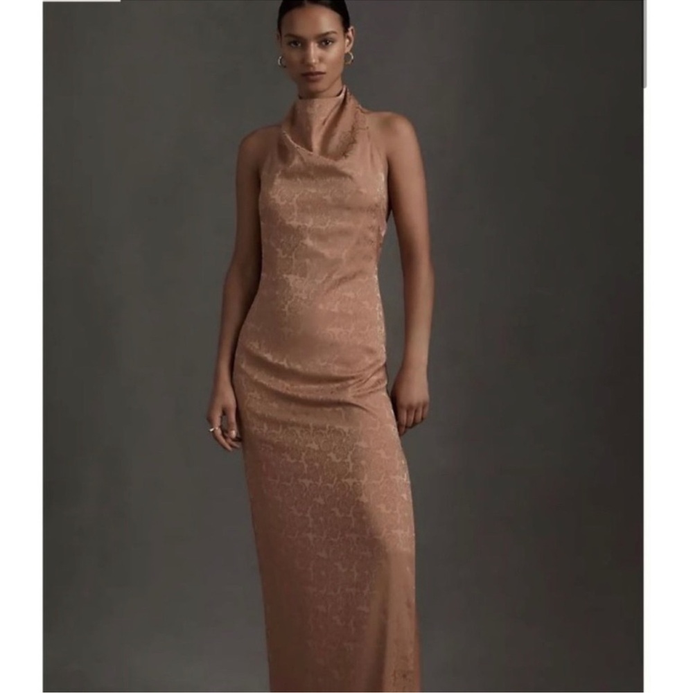 Fame and Partners Chrisley Jacquard Halter Dress Size 12 
Satin Cowl Neck Maxi